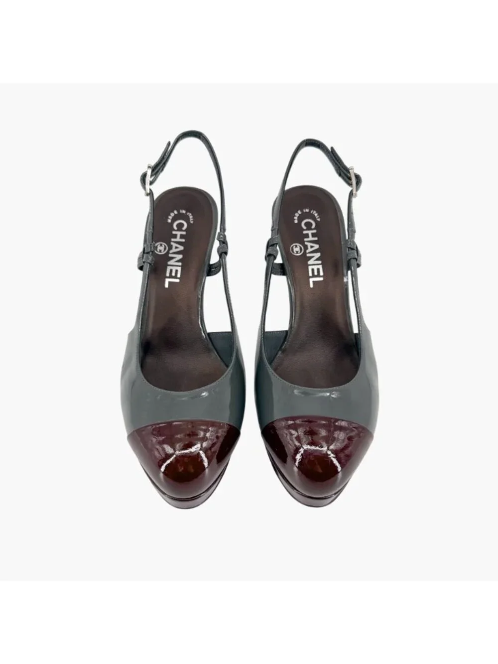 Chanel Gray Burgundy Patent Cap Toe Slingback Platform Pumps Size 37.5 US 6.5–7 - Picture 2 of 15